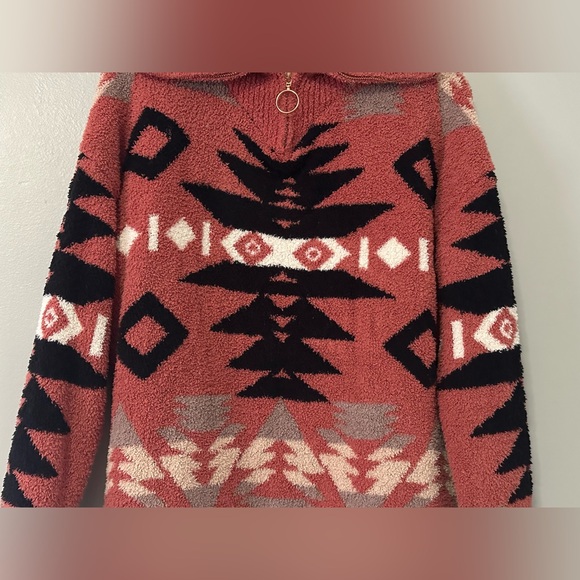 Wanna B Coral Aztec Mock Neck 3/4 Zip Pullover Sweater Women’s Size L Cozy Fall - Picture 5 of 12